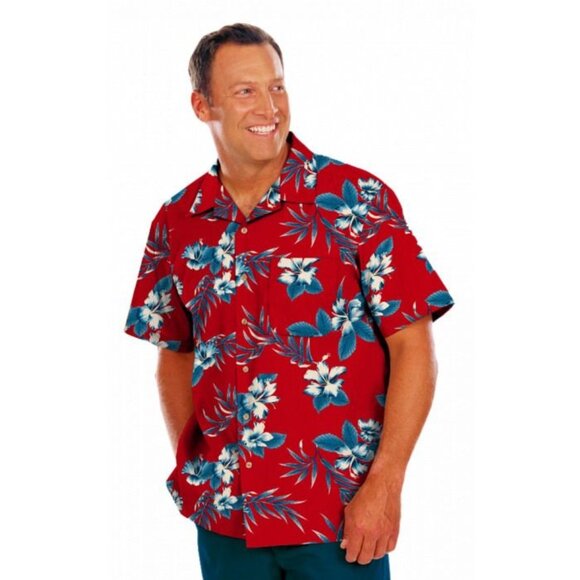 Blue Generation Red Hibiscus Print Hawaiian Pocket Camp Shirt Mens Size 2XL - Picture 2 of 7